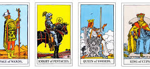 A cinematic spread of tarot court cards, each illuminated with mystical aura