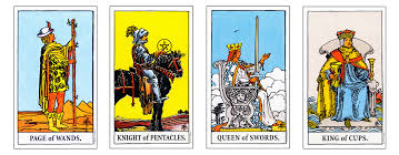 A cinematic spread of tarot court cards, each illuminated with mystical aura