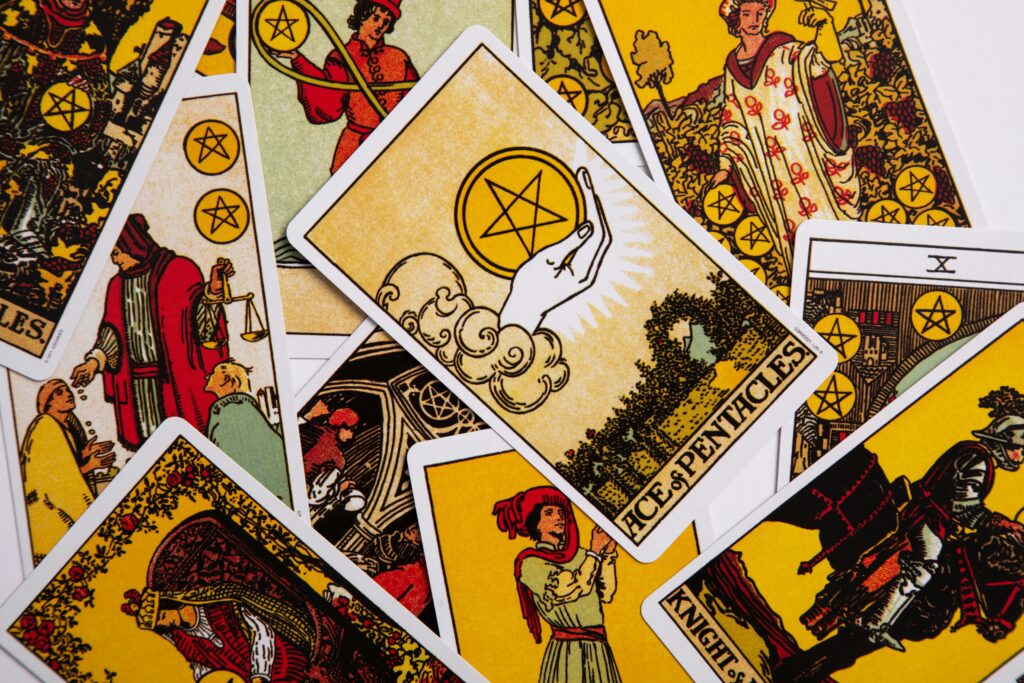 luxury flat lay of tarot cards spread