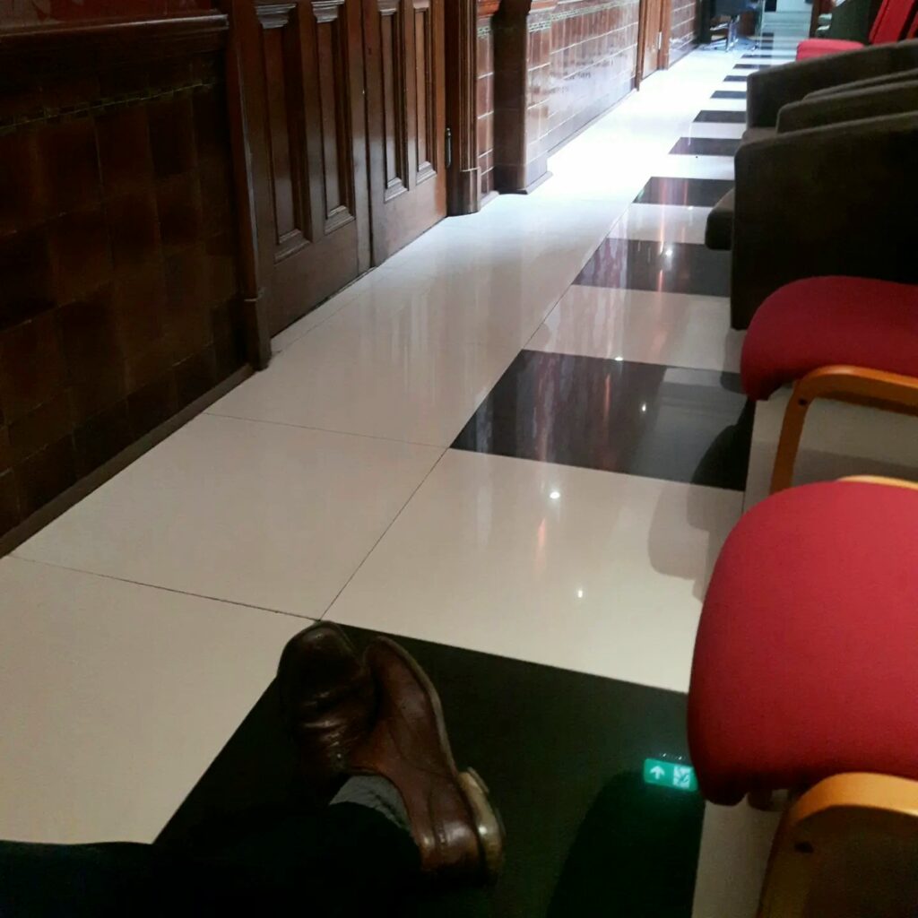 black and white floor in a mystical and mysterious coridor within the centre of Manchester 