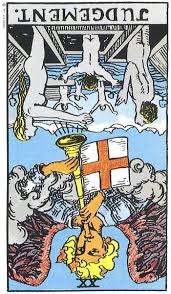 Tarot card imagery showing Judgement reversed with shadowed, mystical tones