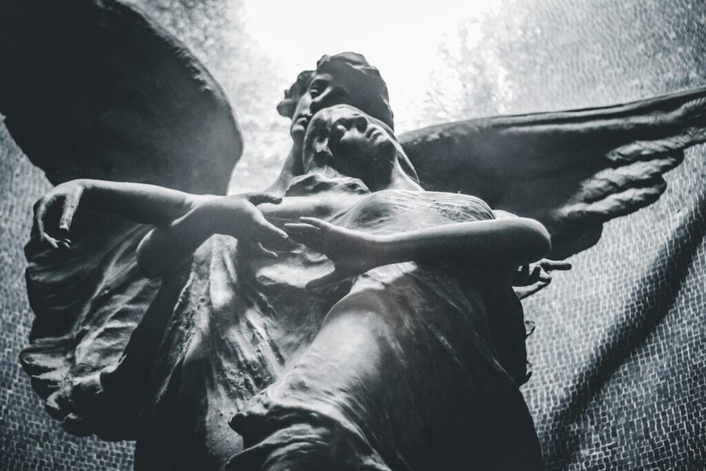 angelic beings artwork in black and white