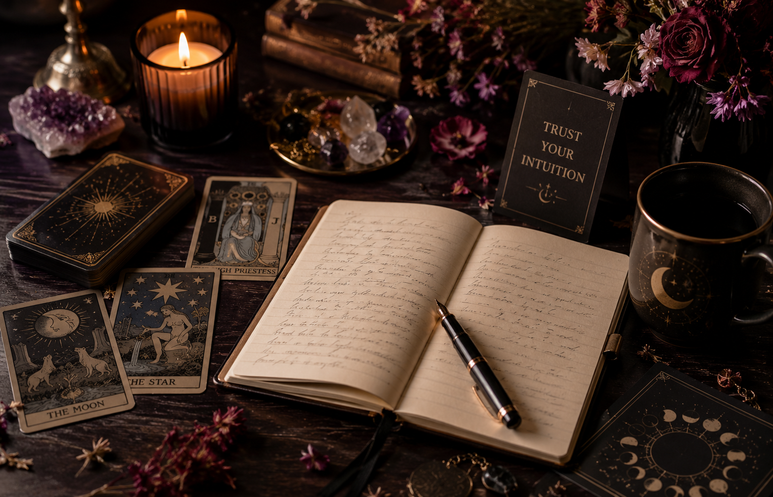 Tarot cards and spiritual guidance workspace for an email psychic reading